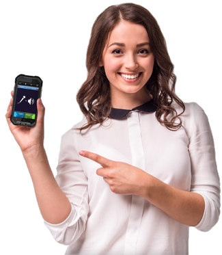 Image of young female in a white top holding mobile phoen to support our Contact page