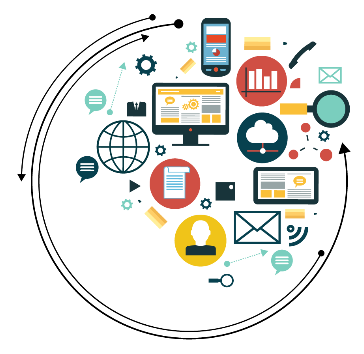 Image of lots of other small computer icon images encompassed by thin black and white circles to support advising About Us and how be began our journey