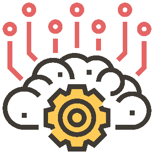 AI generated style image of a yellow cog in a black outlined cloud and red prongs leading to red circles 