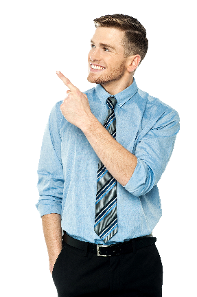 Image of a smartly dressed gentleman wearing a blue shirt and tie with  black trousers with a belt. He is pointing at our web services on offer.