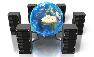 Image of world connected to many servers to support website hosting