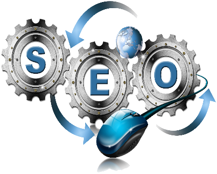 AI style Image of cogs with SEO inside each encompassed by blue arrows to support our SEO service