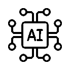 Vector style image depicting modern day AI in a box with two back lines going to circles from each side of the box