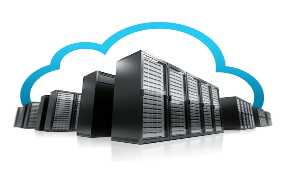 Picture of a group of servers with a blue cloud outline overlayed